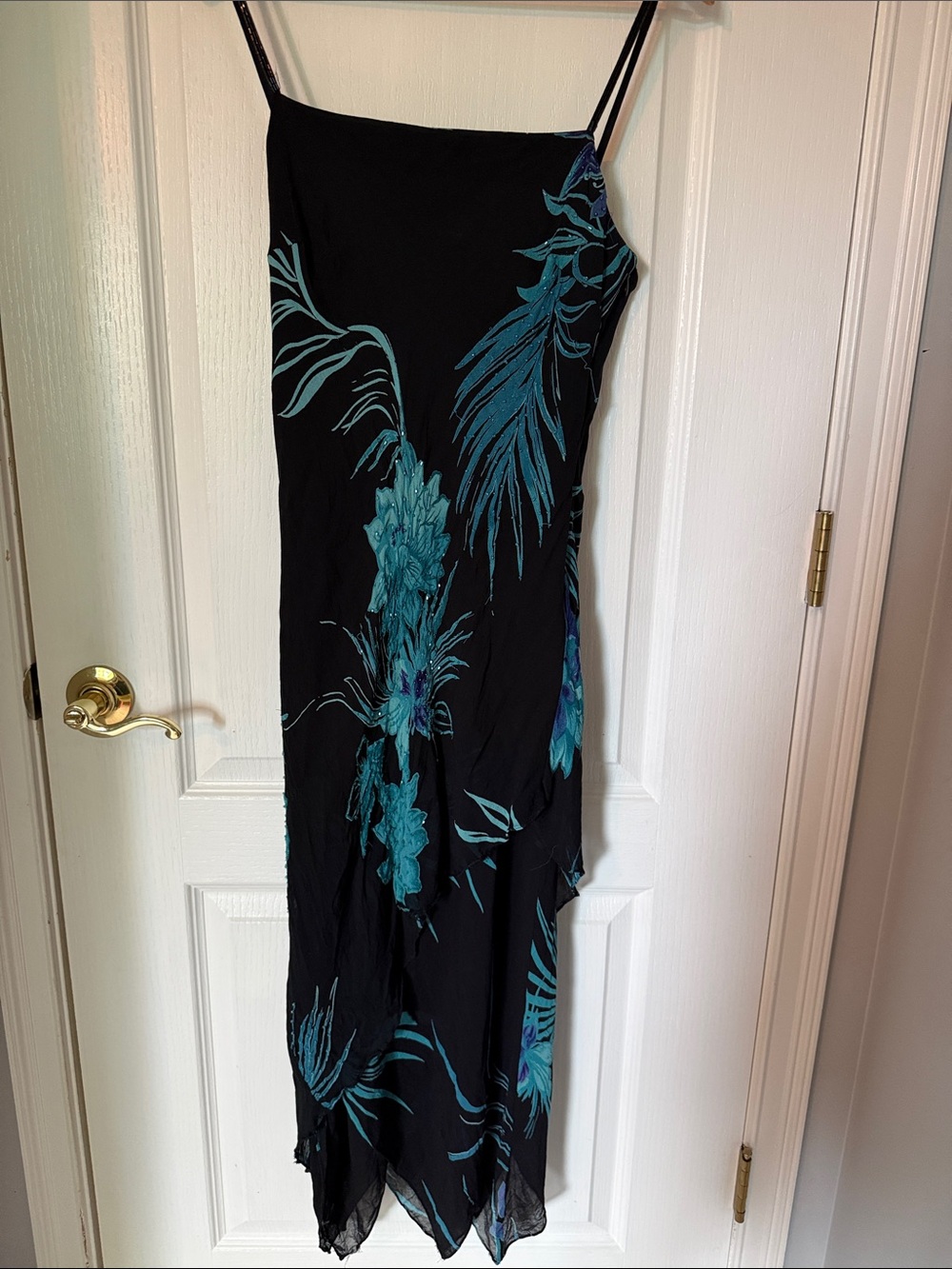 Eva Blue Black Slip Dress with Teal Floral Print w asymmetrical layers